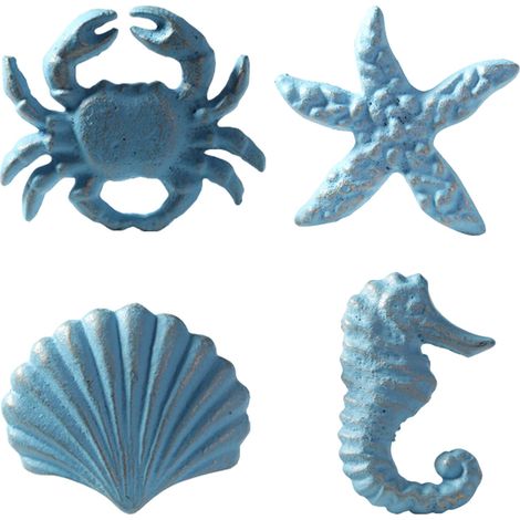 Schubladengriff aus Gusseisen im Retro-Nautikstil – Küchenschränke, Kleiderschränke, Abstellkammern, Computergeräte – Seepferdchen-, Seestern-, Krabben- und Jakobsmuschelmuster (4 Stück, Blau) (1/5)