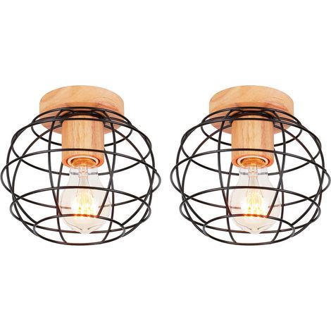 Lot de 2 Plafonnier Vintage Rétro Luminaire Industrielle en Métal et Bois E27 40W Noir (1/5)