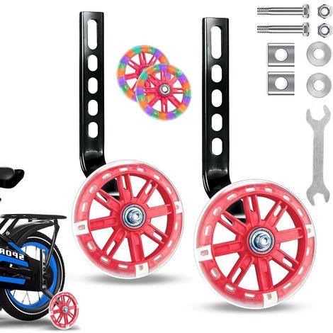 Roulettes d'entraînement universelles pour vélo de garçons et filles, roues auxiliaires avec flash stabilisateur, sécurité pour 30,5cm (Rouge) (1/5)