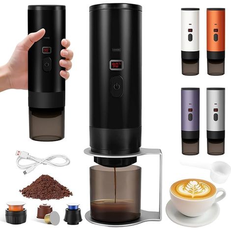 Machine a Cafe Portable avec Support,Nouveau Cafetière Portable 3 en 1,Affichage Intelligent Machine a Cafe,Rechargeable Cafetiere Electrique Compatible avec Cup et Café Moulu (Noir) (1/5)