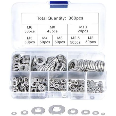 360 Pièces Rondelles Metal Rondelles Inox, Rondelles Plates en Acier Inoxydable avec Boîte de Rangement, Rondelles pour Vis, écrous et Tiges Filetées (M2, M2,5, M3, M4, M5, M6, M8, M10) (1/5)