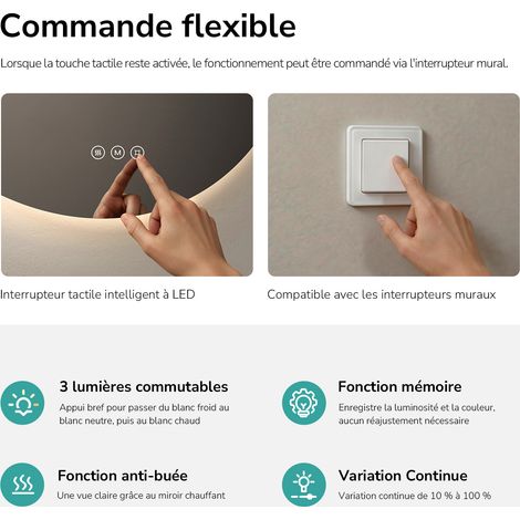 EMKE Miroir lumineux salle de bain rond diamètre 50cm, Miroir LED rétro-éclairage avec Interrupteur Tactile, Anti-buée, Miroir avec éclairage Lumière Blanche Froide/Neutre/Chaude