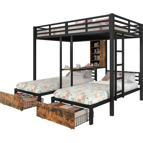 Lit superposé triple 140 x 200 cm + 90 x 200 cm, avec barrières, rangements et 2 tiroirs, structure métal et MDF, noir - CHICFURN (1/5)
