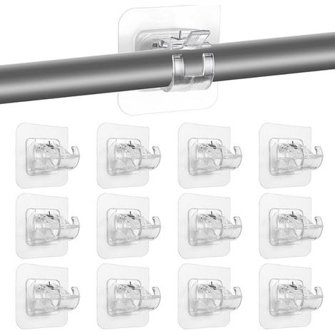 Staffe trasparenti per bastoni per tende, non richiedono forature, confezione da 12, adatte per uso domestico e alberghiero, facili da installare, fornite con nastro adesivo resistente. (1/5)