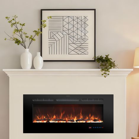 Parrot Uncle Wall Mounted Electric Fireplace 50 Inch, Recessed Electric Fire for Media Wall with LED Flame Effect, 1500W Heater and Remote Control (1/5)