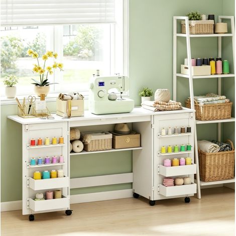 Mesa de costura plegable 160x40x81,5 cm blanca con almacenamiento - CHICFURN (1/5)
