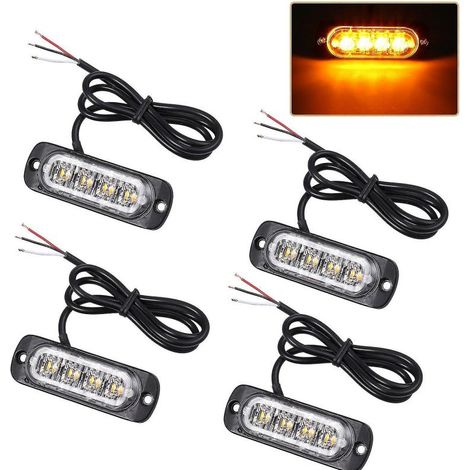 feux stroboscopiques de récupération à 4 LED ambrées 12 V 24 V, clignotant orange pour calandre