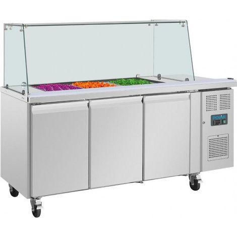 Comptoir inox réfrigéré de préparation 456 litres, 3 x GN 1/1, pare-haleine carré, 300 W, 220 V - MONO