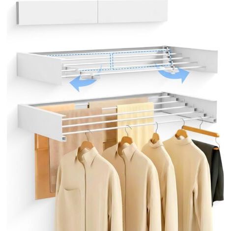 Étendoir Mural Pliable Rétractable 100 cm - Séchoir à Linge Mural pour Intérieur ou Extérieur - Design Compact Gain de Place avec Capacité de 30 kg (Blanc) (1/5)