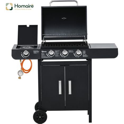 HOMAIRE Gasgrill BBQ Grillwagen avec 3 Brennern, 1 Seitenbrenner, Druckminderer, Schläuche, multifonctionnel, en acier noir
