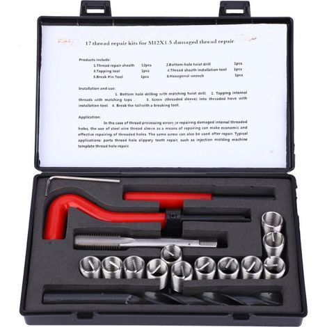 17-teiliges Gewindereparaturset, Gewindeeinsätze aus Edelstahl M12 x 1,25 für Schraubenschlüssel, Kfz-Gewindereparaturset (1/4)