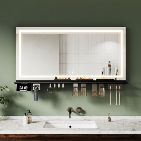 SONNI Badspiegel mit LED Beleuchtung Ablage, Antibeschlag, 3-Farben Beleuchtung und Einstellbare Helligkeit, 1200×600, 4-Seitige Lichtleiste (1/5)