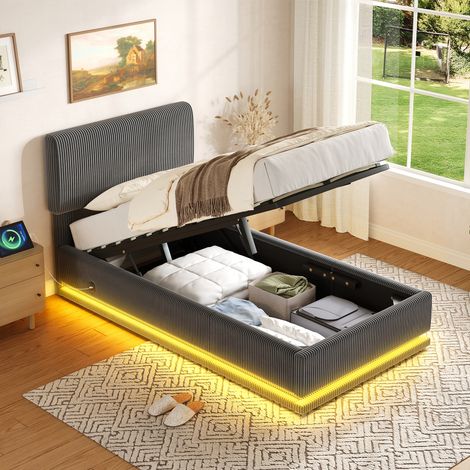 Letto imbottito in velluto a coste grigio scuro 90x200 cm con LED, USB-C, testiera regolabile e rete a doghe