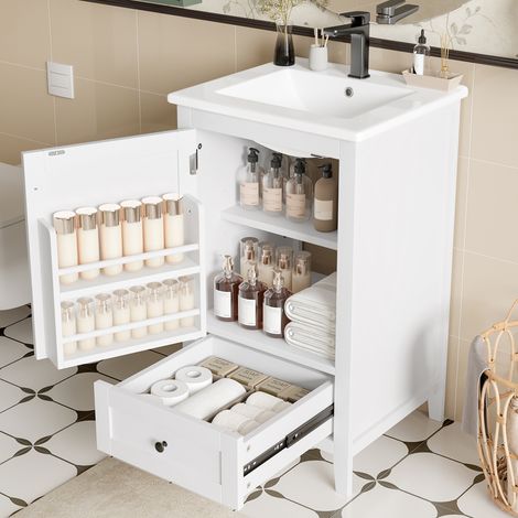 Armoire de salle de bain debout 51 x 46 x 85cm lavabo céramique peinture étagère porte tiroir silencieux grande capacité étagère