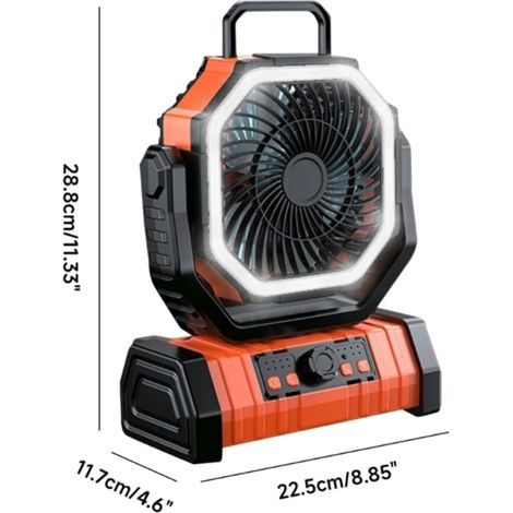 Ventilador portátil naranja para camping: 20.000 mAh, batería de larga duración, gran capacidad, para colgar debajo de una tienda de campaña.