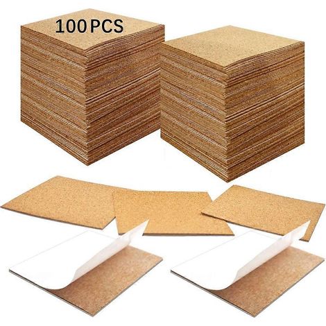 Packung mit 100 selbstklebenden Korkuntersetzern, 10 x 10 cm große Korkquadrate mit Kleberückseite. (1/5)