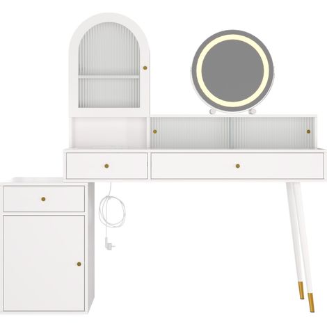 Coiffeuse blanche avec miroir LED, prise Type-C & USB, design en L ajustable 140x40x140 cm (1/5)