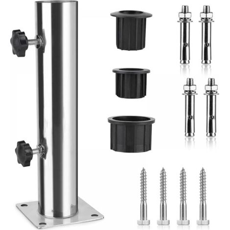 Tubo per ombrellone, base per ombrellone, supporto regolabile in acciaio inox con 3 anelli di riduzione in PVC (32/38/48 mm), base per ombrellone con 8 punte in acciaio