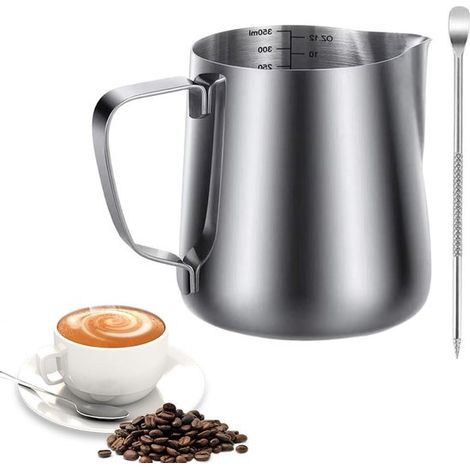 Milchaufschäumkännchen – Cappuccino-Kanne mit Latte-Art-Stift – Kaffeezubereitung – mit Latte-Art-Stift – 350 ml – Silber