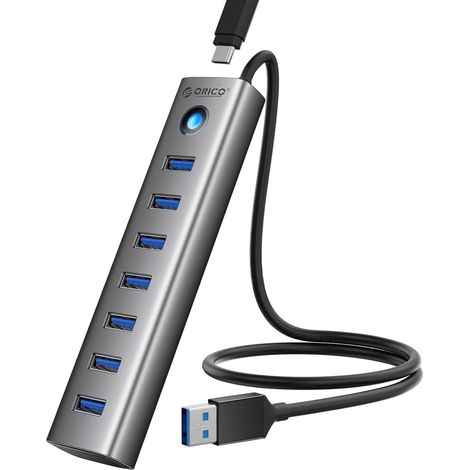 Hub USB 3.0 - 7 Ports - Aluminium - Câble 50 cm - Débit 5 Gbps - Alimentation Type-C 5 V 3 A - Compatible PC Laptop MacBook PS4 Surface Pro Disque Dur Externe