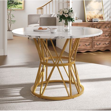 Mesa de comedor redonda 100/100/76 cm efecto mármol con base dorada y patas regulables (1/5)