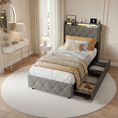 Design-Bett mit LED 90x200 cm mit Ladeanschluss, Leinenbezug, 2 Stauraumfächer, modernes Doppelbett für Jugendzimmer - Grau