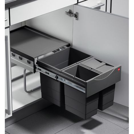 Poubelle de cuisine tri sélectif 3 bacs encastrable 34L (18+8+8) Hailo AS Raumspar Tandem Coloris - Gris Anthracite (1/5)
