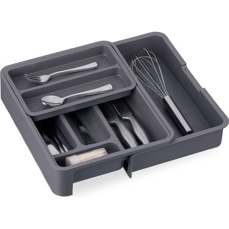 Bac à couverts extensible, H x L x P : 6,5 x 23,5-40 x 31,5 cm, 7 compartiments, en plastique, gris foncé (1/5)