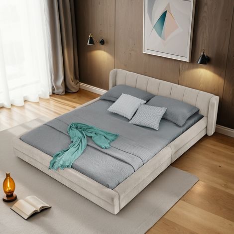 Lit double minimaliste 140x200 cm en chenille beige avec tête de lit ergonomique rembourrée (1/5)