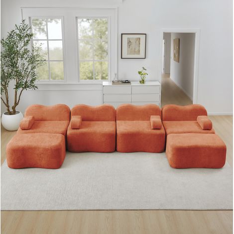 FloraGrace Canapé modulaire en velours orange, assise profonde, formes courbes, usage salon, 4 places (1/5)
