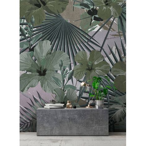Papier peint panoramique jungle vert bureau | Tapisserie panoramique tropical zen idéal couloir | Papier peint panoramique nature floral tendance - 270 x 400 cm (4 pièces) (1/5)