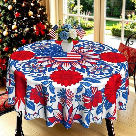 Nappe ronde imprimée en 2D à motif floral rouge et bleu, inspirée du drapeau américain (1 pièce)  Élégante nappe décorative pour barbecue, pique-nique et cuisine intérieure. (1/4)