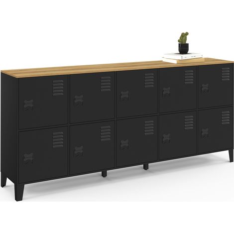 Idmarket – Buffet casier 180 cm 10 portes métal noir – Plateau bois façon hêtre – Style industriel – Dimensions 180x34x80 cm