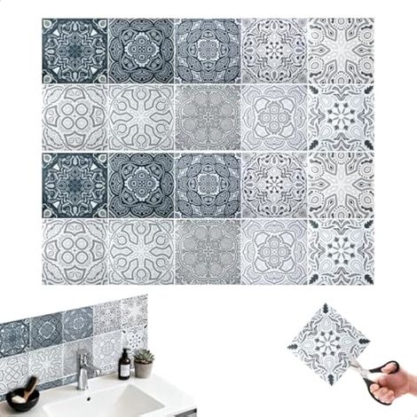 Carreaux adhésifs rétro pour cuisine, 20 bâtonnets de 15 x 15 cm, vinyle auto-adhésif imperméable et résistant à l'huile pour carrelage mural, crédences de cuisine, bords et salles de bains (1/5)