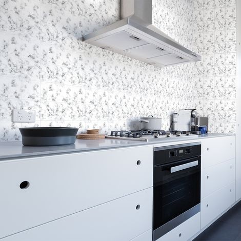 Sticker Mural Carrelage adhésif Cuisine Salle de Bain - 60 STICKERS CARRELAGES EFFET MARBRÉ NOIR ET BLANC - 60stickers10x10cm (1/5)