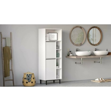 Schrank Merbok, 4 Regale, 2 Türen, 7 Fächer, 160x36x45h cm Weiß (1/5)