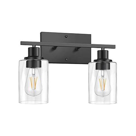 Applique murale moderne à 2 lumières pour salle de bain, avec abat-jour en verre transparent et finition noir mat, culot E26. (1/4)
