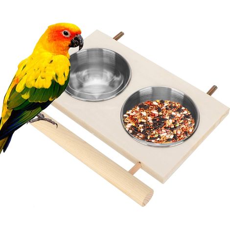1 Bol Alimentaire Acier Inoxydable Support Bois 8cm Pour Perroquet Perruche Cockatiel Cage