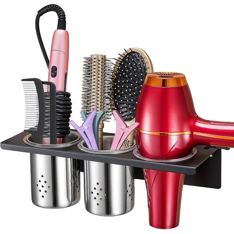 Porte Seche Cheveux Mural, Support Seche Cheveux et Lisseur avec 2 Gobelets Amovible en Acier Inoxydable, Accroche Seche Cheveux, Porte Sèche Cheveux Brosse et Lisseur pour Salle de Bain (Noir) (1/5)