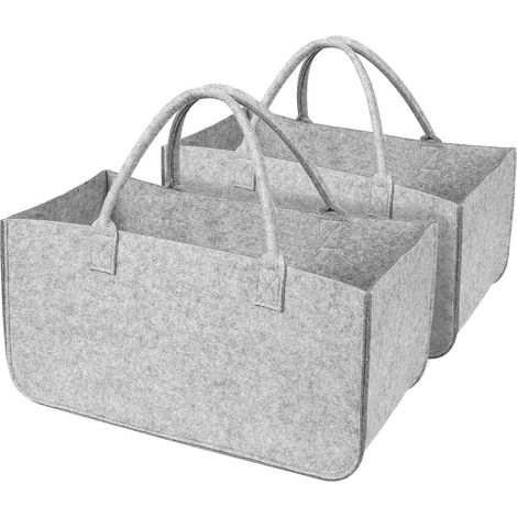 2X Filztasche, Faltbarer Holzkorb, Vielseitig und Groß, Mit Griffen, Für Brennholz, Zeitungen und Einkaufstüten, Hellgrau