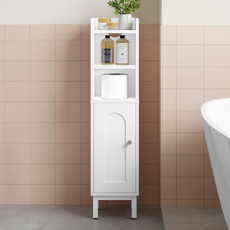 Meuble de Salle de Bain, Petit Meuble de Rangement de Salle de Bains, Armoire Étroit pour Papier Toilette, Armoire d’Angle avec Porte et Étagères, 20 × 20 × 83 cm, Blanc (1/5)