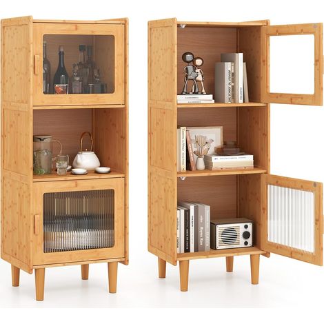 Costway – Buffet cuisine en bambou 49,5x40x130 cm – Armoire vitrine 3 compartiments – Portes en acrylique – Sécurité anti-basculement (1/5)