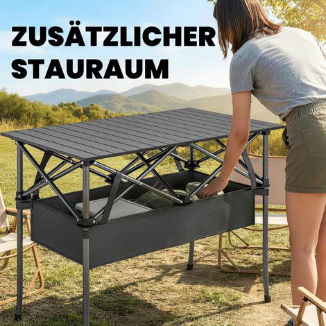 Table de pique-nique pliable et roulante, table de camping portable avec filet de rangement et sac de transport pour extérieur, noir (1/5)