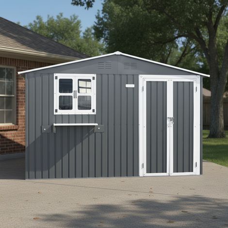 Abri de jardin en métal acier galvanisé 7m² Gris, Cabanon de rangement extérieur étanche avec 2 fenêtres, portes verrouillables et étagère à fleurs