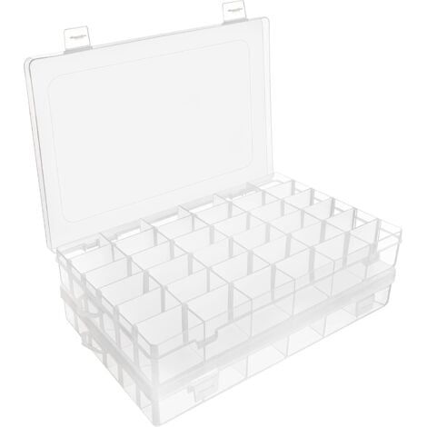 Lot de 2 Boite Compartiment Plastique Transparent - 27,3 x 17,6 x 4,3 cm - Boite Plastique Rangement avec 36 Compartiments Ajustables - Boite Rangement Bijoux, Perles & Artisanat (1/5)