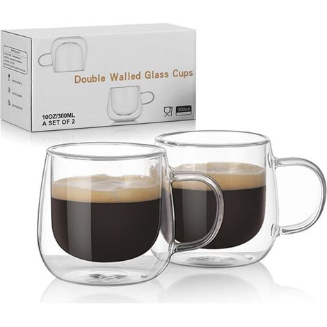 Tasses à café en verre à double paroi avec anse, lot de 2, creuses, scellées sous vide, fabriquées à la main, 250 ml (1/4)