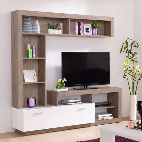 Pared equipada Moggio, mueble de salón 7 estantes, una puerta, conjunto modular, marrón roble gris (1/5)