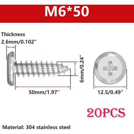 Viti autofilettanti in acciaio inox 304, testa tonda piatta Phillips, M6 × 50 mm, confezione da 20 pezzi per mobili e macchinari