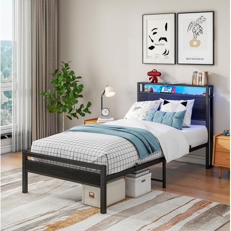 Cama infantil de 90x200 cm con almacenamiento, USB-C y LED, cabecero con nichos, estructura metálica de MDF negro. (1/5)