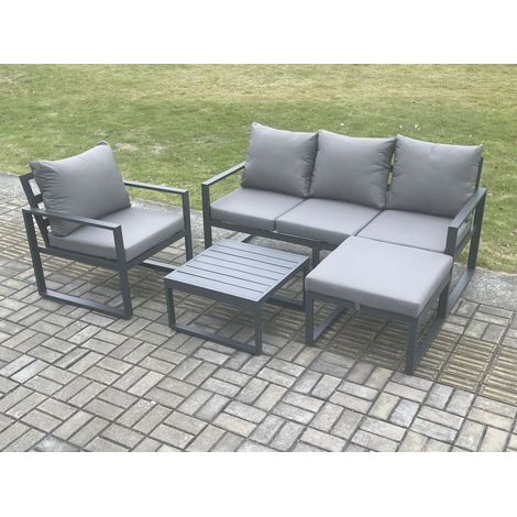 Fimous Aluminium Outdoor Garden Furniture Set Lounge Sofa Chair Square Coffee Table Sets with Big Footstool Dark Grey (1/5)